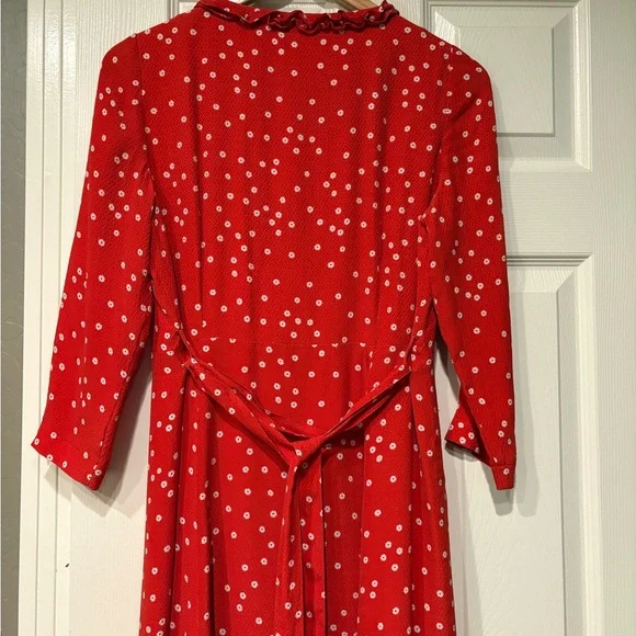 SEZANE Red 100% Silk Daisy Print Wrap Dress Size 40 Small Faux Wrap Style Midi - Picture 5 of 8